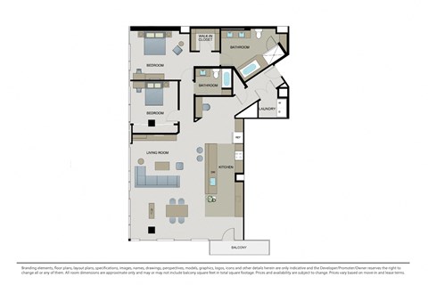 Floor plan for 2 beds, 2 baths, 2030 sqft